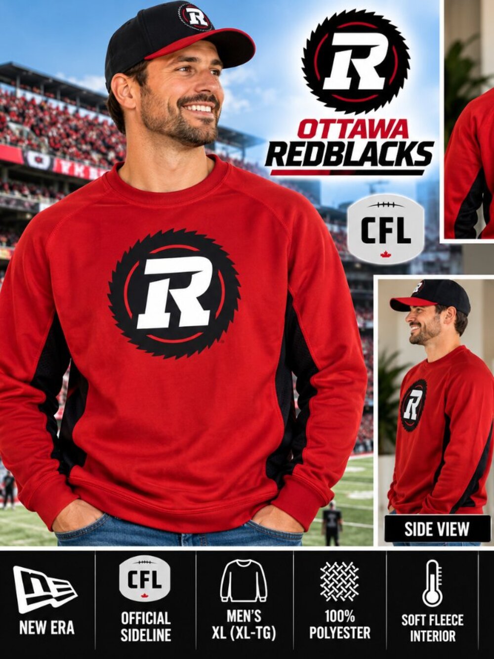 NEW ERA OTTAWA REDBLACKS CFL OFFICIAL SIDELINE SWEATSHIRT – MEN'S XL